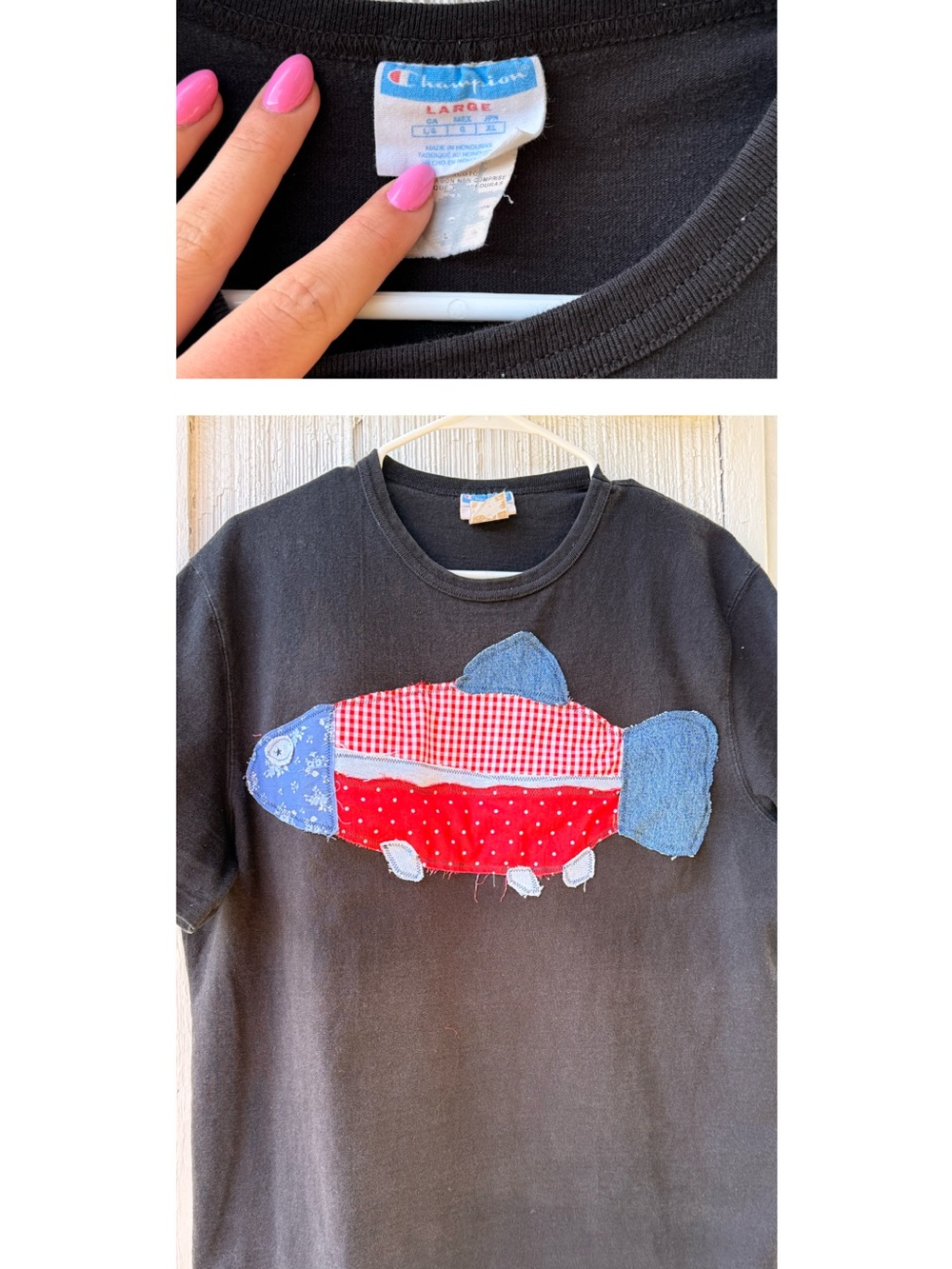 Champion Black Tee with Red & Blue Patchwork Fish Appliqué